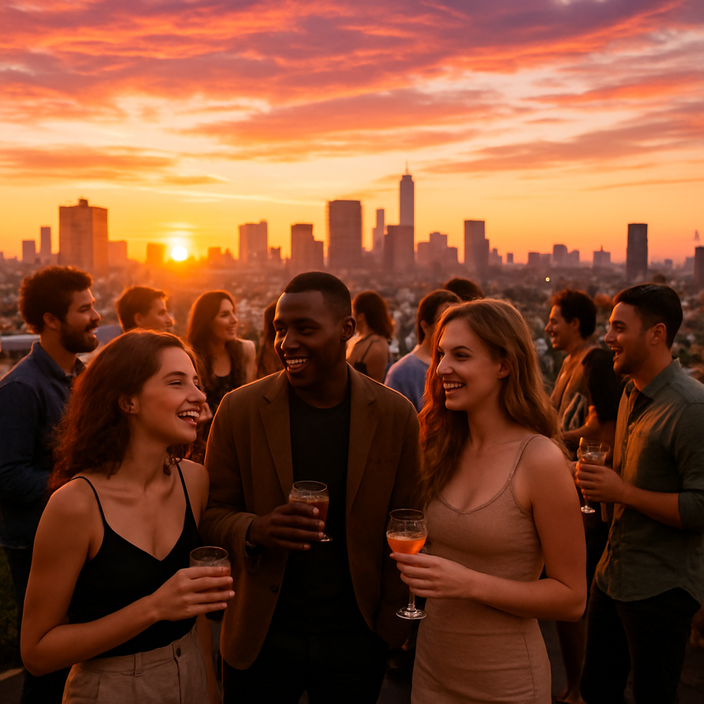 Rooftop party at sunset