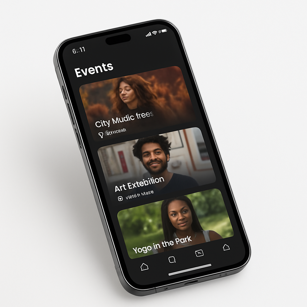 Tapango app showing the event discovery feed