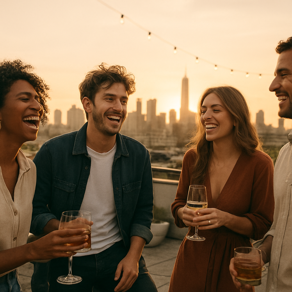 Friends enjoying a rooftop event